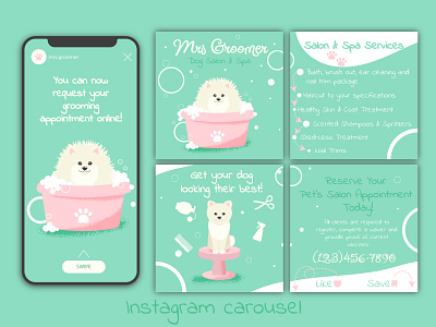 Seamless Instagram carousel for Grooming salon's branding candy palette design dog green grooming illustration instagram carousel pomeranian salon seamless seamless carousel