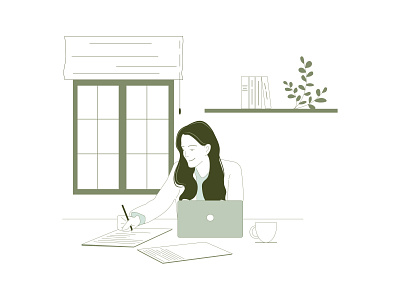 Woman working on laptop bussines coffee coffee cup cup design girl graphic design green illustration online education women work at home working