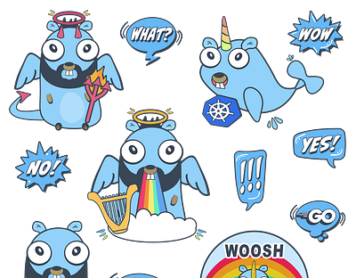 Golang Gopher Sticker pack + kubernetes. Programmer t-shirt developer engineer go golang gopher language logo mascot programmer programming sticer