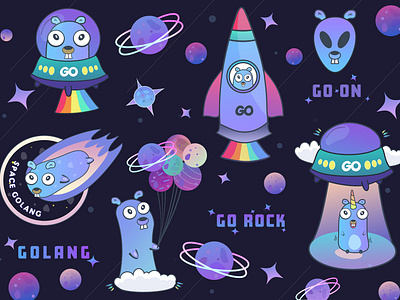 Space trip golang gophers stickers, t-shirt. Programmer gift art backend code developer engineer galaxy go golang google gopher goroutine language logo mascot programmer programming script space sticker t shirt