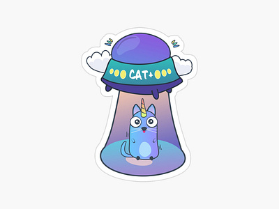 Cat space comet sticker. Kawaii cat. Cat catch by aliens