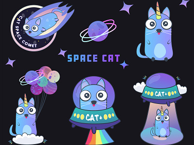Space cat stickers. Cute funny cats. Unicorn, alien. comet. alien cat crazy funny happy cat kids kids illustration magic space startup stickers unicorn