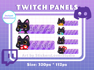 Cute kawaii witchy black cats Twitch panels cat discord emote game gamer gaming panels streamer striaming twitch witch witchy