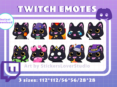Cute twitch emotes pack with witchy black cat art discord emotes gamer illustration cartoon steaming stream twitch valorant