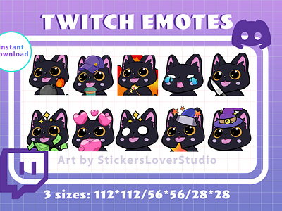 Cute twitch emotes pack with witchy black cat