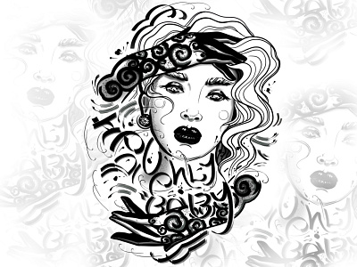 Heavenly girl black design face girl illustration line littering staff tattoo artist