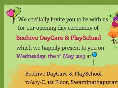 Invitation design for Beehive PlaySchool balloons beehiveplayschool cartoon green