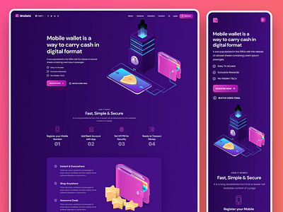 Walletz : Money Wallet Landing Page Template branding design flat illustration landing page minimal mobile app typography ui ux vector wallet app wallet landing wallets