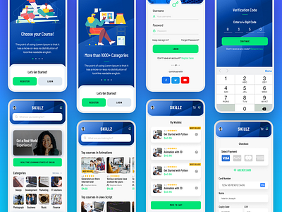 Skillz - Online Course Mobile App UI Kit branding design elearning app flat illustration logo minimal mobile app online course app typography ui ui kit ux vector