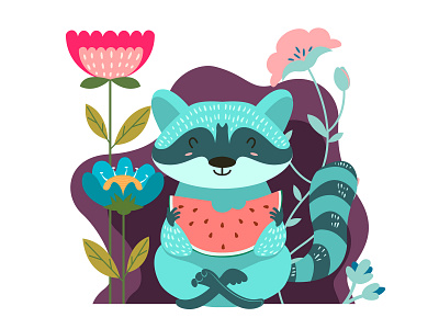 Raccoon with a slice of watermelon animal design flat illustration raccoon vector
