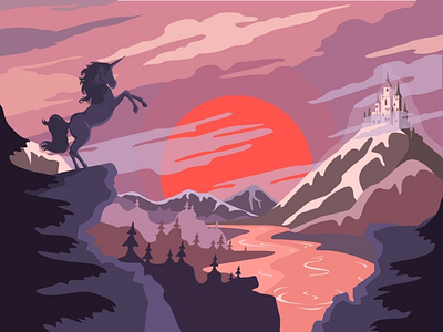 Raspberry sunset castle fantasy forest illustration illustrator mountain sky sunset unicorn vector