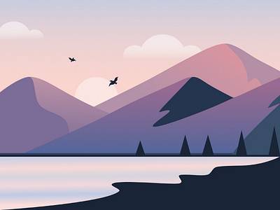 Dancing Over The Mountain affinity designer beautiful birds clouds colorful illustration illustrator lake landscape mountain panorama scenery