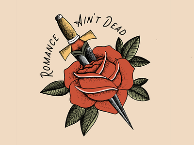 Romance Ain't Dead badge design dagger design illustration rose traditional tattoo typography