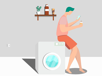 A Man and A Washing Machine a boy a man a man doing laundry a man doing washing a man drinking coffee a man enjoying coffee a man enjoying laundry a man in a washing room a man on a washing machine a man playing on phone a man waiting for laundry a man with a washing machine flat design drawing illustration someone with a washing machine