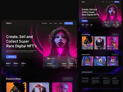 NFT Marketplace 👾 darkmode design nft nftlandingpage nftmarketplace nftwebsite ui uidesign uxdesign uxui webdesign