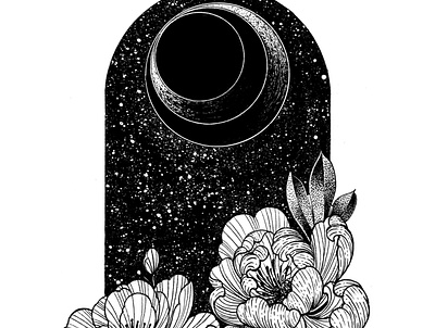 Cosmos art desing dotwork fineline flowers illustration ink logo moon pointillism