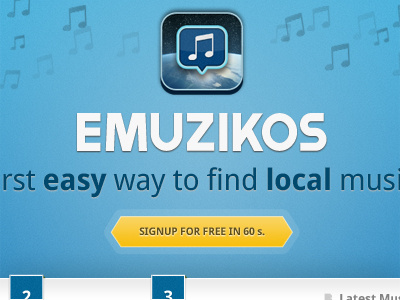 Emuzikos homepage brand call-to-action emuzikos logo signup