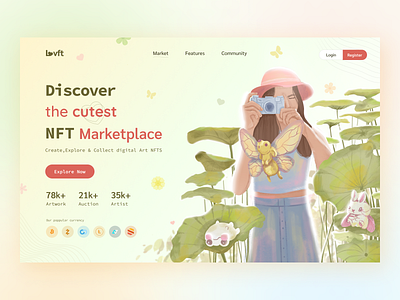 Lovft - The Cutest NFT Marketplace beautiful clean crypto cryptocurrency cute cutes desktop girl hero image hero section home page illustration landing page nft nft marketplace nft website uiux website woman woman illustration