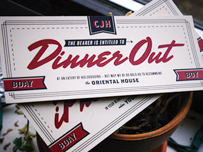 Dinner Out Voucher brothers print red script tungsten