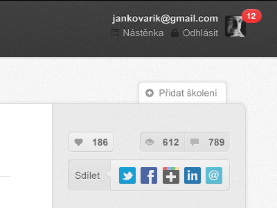 Share and like buttons on NAUC.cz app counter glyphicons gray icons login share ui web