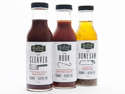 The Healthy Butcher Sauces bottles branding design food label minimal modern packaging packaging design sauces toronto