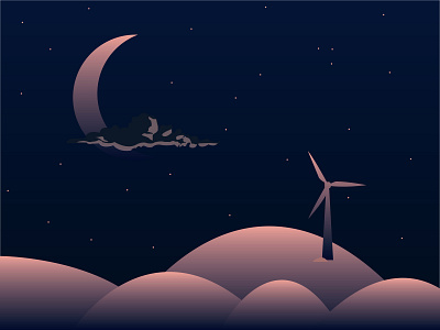 Ukiyo design illustration moon moonlight stars vector windmill