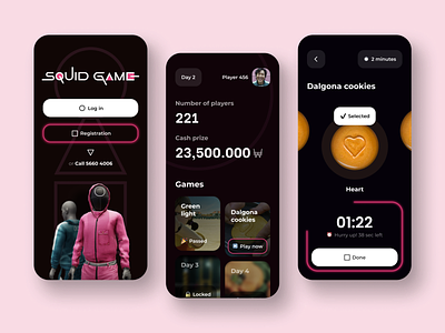 mobile app - player account squid game 3d app dark theme design figma game graphic design interface mobile netflix onboarding player product series squid game time tracker ui ux web