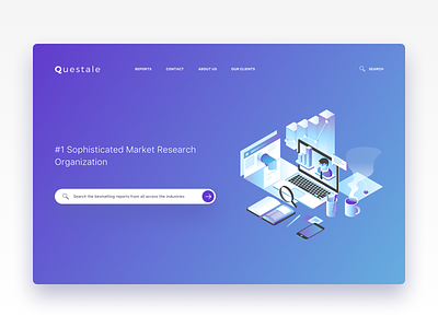 Landing page design for Questale industry reports isometric design landing page market reports market research design page search page website design