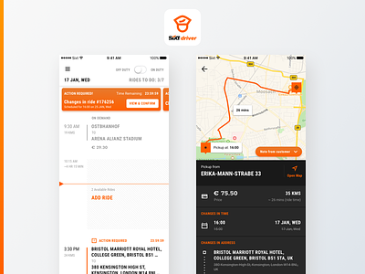 Sixt Driver App date time details page driver app home ios 12 landing screen map view pickup drop price ride details schedule timeline
