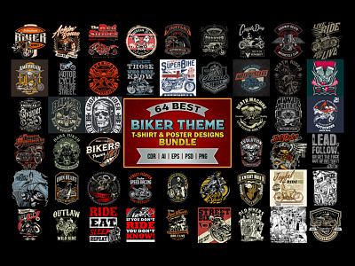 64 BEST BIKER THEME t shirt & poster designs bundle