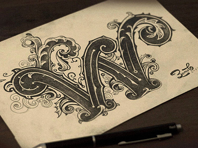 letter W decor design handmade lettering pencil sketch typography