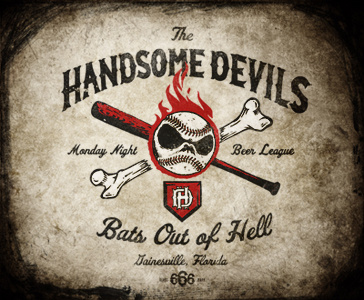 Handsome Devils bat flame hand lettering monogram skull