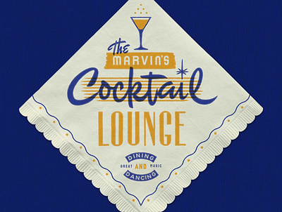The Marvin's Cocktail Bar paper napkin branding identity design logo restaurant branding script lettering typography vintage design