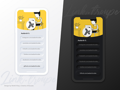 Link.Troupe : A simpler way for links in bio. adobe advertising app blackandwhite dailyui dark mode design light mode link link in bio linkinbio logo mockup mockup idea neomorphism typography ui ux web