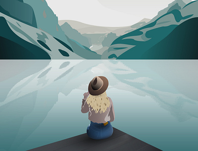 Sitting by the lake design hat illustration illustrator lac lake landscape landscape illustration montagne mountain vector woman
