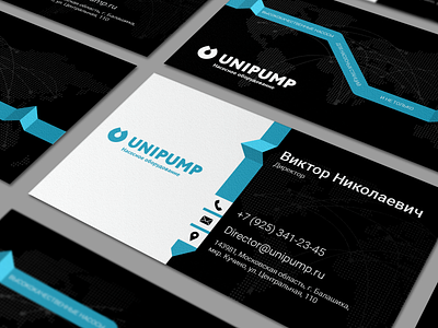 Business card for "UNIPUMP" company black blue design director good graphic graphic design map minimalism polygraphy style water web white world