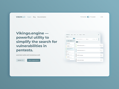 Vikingo.engine — Beta registration business landing landing page pentest security security app startup ui utility vulnerabilities web app web app design web design