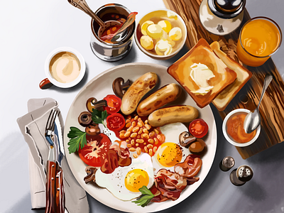 English breakfast bacon beans breakfast butter coffee design digital painting eggs english food illustration toast