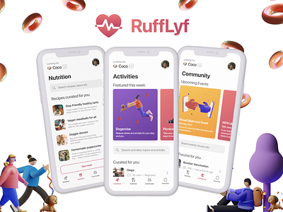RuffLyf: Improve Health and Fitness of Pet Parents 3d animals app dog dogs fitness graphic design health minimal pets ui ux