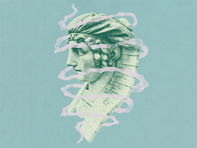 Frozen Contemplation at The Elms blue cerulean green halftone pink sphinx statue