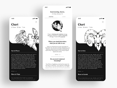 Horoscope App astrology blackandwhite chart clean ui figma figmadesign horoscope illustration minimal mobile ui ui ui design uiux zodiac