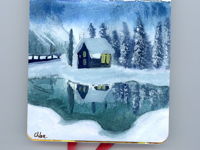 Cottage in the snowing valley acrylic illustration watercolor