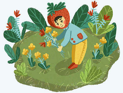 Strawberry hat boy art boy childrens illustration cute flat flowers garden illustration minimal