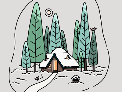 Winter cabin cabin cute flat house illustration landscape line line art minimal trees winter