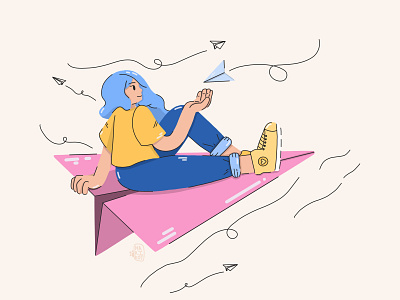 Girl on a paper plane cute flat flat design girl illustration minimal vector illustration web design