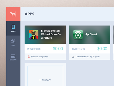 Manage Apps add apps billing blur cards dashboard dog flat monetization sdk simple web app