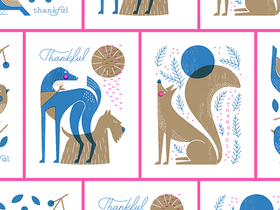 Thankful Cards animals bird birds christmas cute dog fox illustration lettering risograph winter