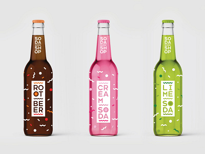Soda Shop Bottles beer beer can bottle branding bubbles coke cola confetti design logo memphis style minimal packaging pop root beer soda