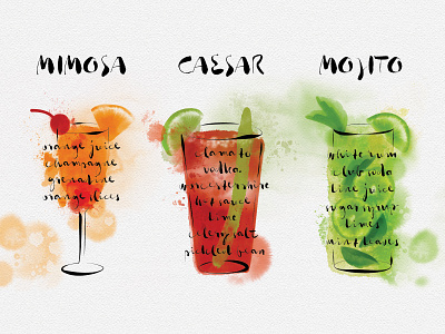 Cocktail Recipe Illustrations casear cocktail drawing drinks food illustration lime mimosa mixed drinks mojito orange recipe watercolor watercolor painting