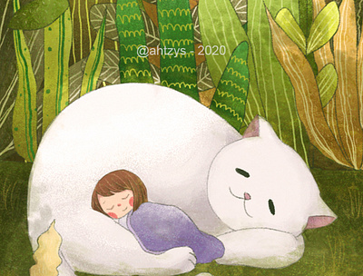 Sleeping with cat animal cat character character design children children book illustration childrens childrens book childrens illustration green illustration illustration art illustrations illustrator nature nature illustration photoshop plant storybook warm